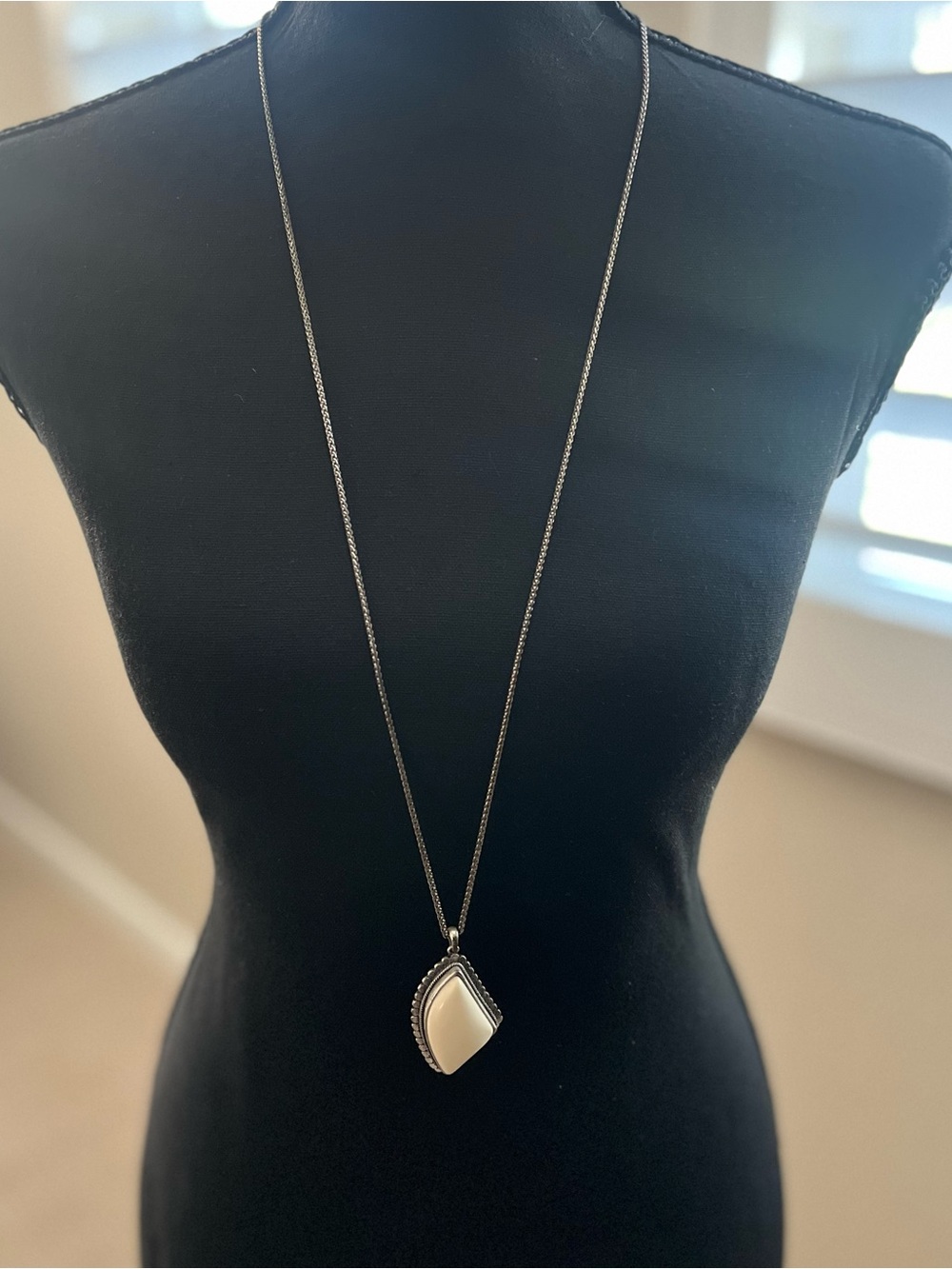Lucky Brand Long Silver Plated  Necklace with Cream Teardrop Pendant